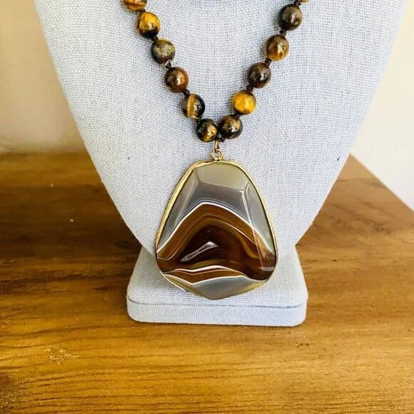 Vintage Brown Agate & Tiger's Eye Beaded Long Pendant Necklace 34" - Picture 2 of 5